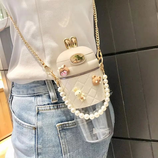 500ml Cute Rabbit Ear Plastic Water Bottles With Straw For Girls Kids Portable Strap Student Bottle With Cup Cover