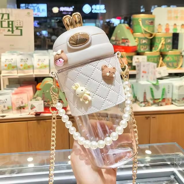 500ml Cute Rabbit Ear Plastic Water Bottles With Straw For Girls Kids Portable Strap Student Bottle With Cup Cover