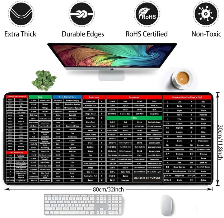 Keyboard Shortcut Mouse Pad, Office/Excel/Word/PPT Shortcuts Cheat Sheet Mat, Quick Key Super Large Anti-Slip Keyboard Pad wit Clear Shortcut Key